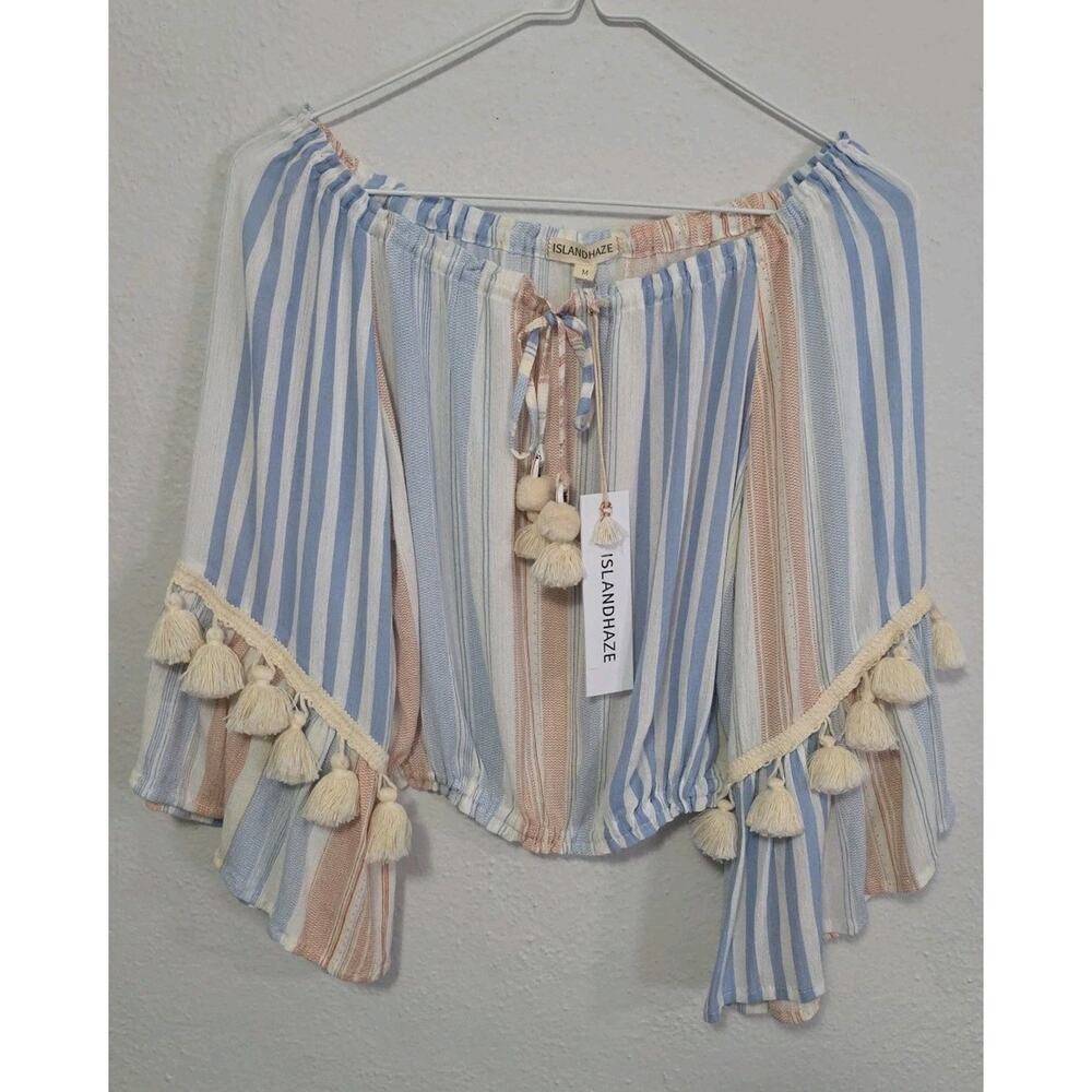 Island Haze Women's Top Size M Rainbow Skyline Tassel Blue Peach Cream Fringe